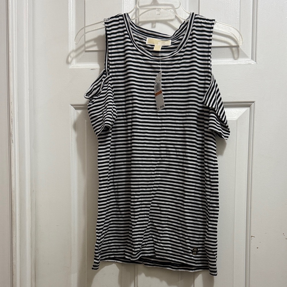 Michael Kors Black and White Striped Cold Shoulder Tank Top